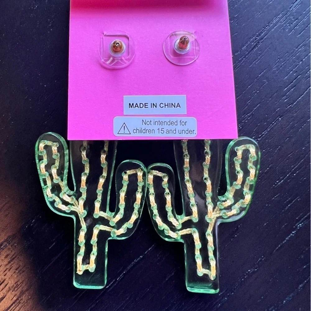 NWT Betsey Johnson Acetate Cactus with Flower Drop Earrings - Green & Pink